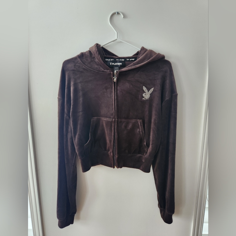PLAYBOY Brown Velvet Zip-Up Hoodie with Embroidered Bunny